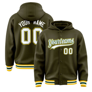 Custom Olive White-Green Varsity Full-Snap Letterman Classic Hoodie Jacket