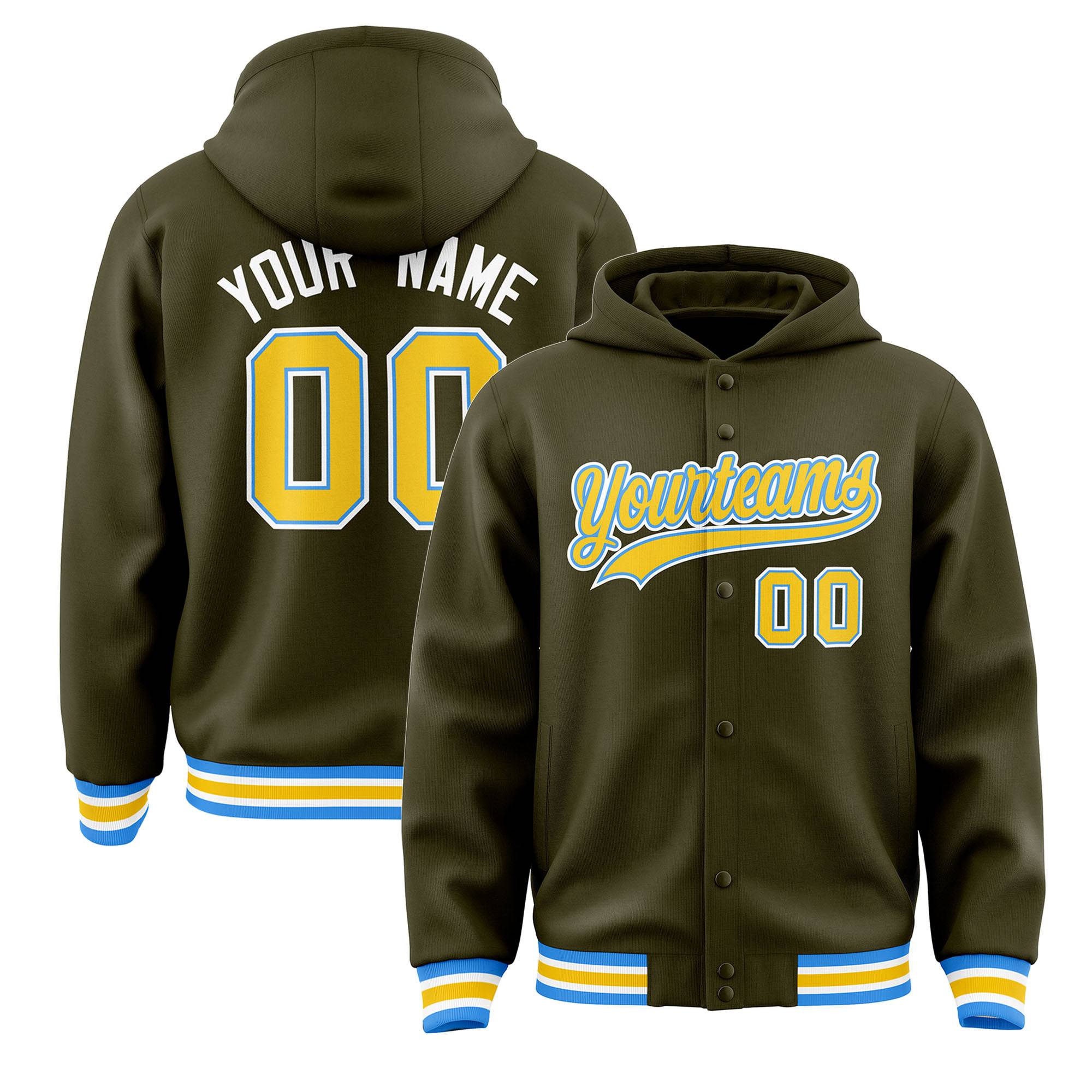 Custom Olive Gold-Powder Blue Varsity Full-Snap Letterman Classic Hoodie Jacket