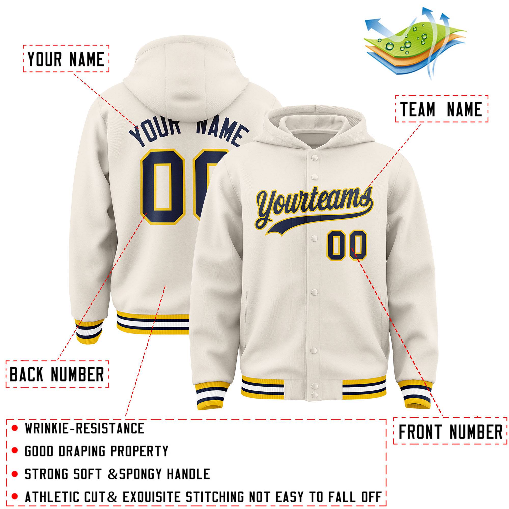 Custom Cream Navy-Gold Varsity Full-Snap Letterman Classic Hoodie Jacket