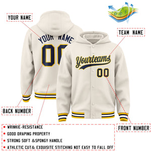 Custom Cream Navy-Gold Varsity Full-Snap Letterman Classic Hoodie Jacket