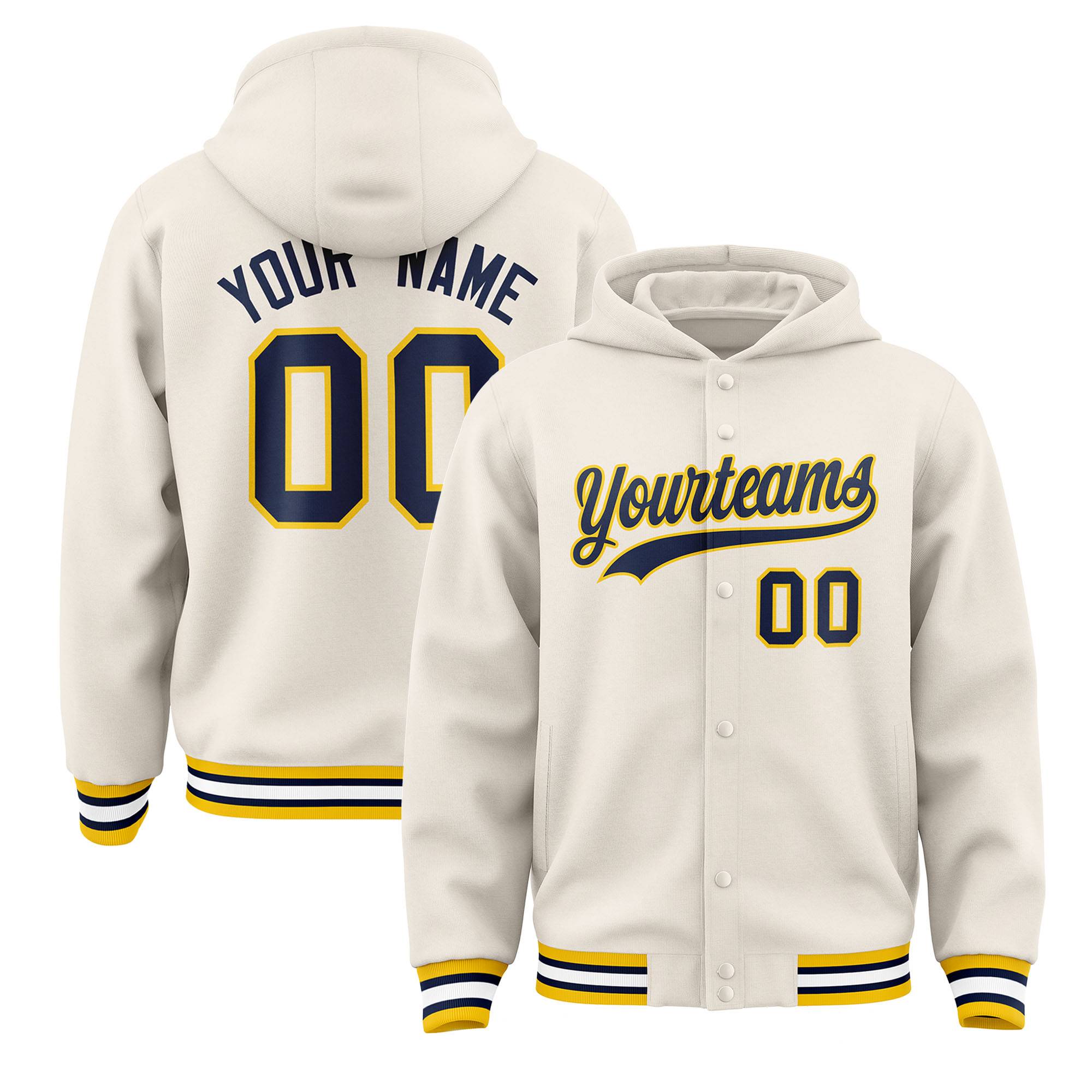 Custom Cream Navy-Gold Varsity Full-Snap Letterman Classic Hoodie Jacket