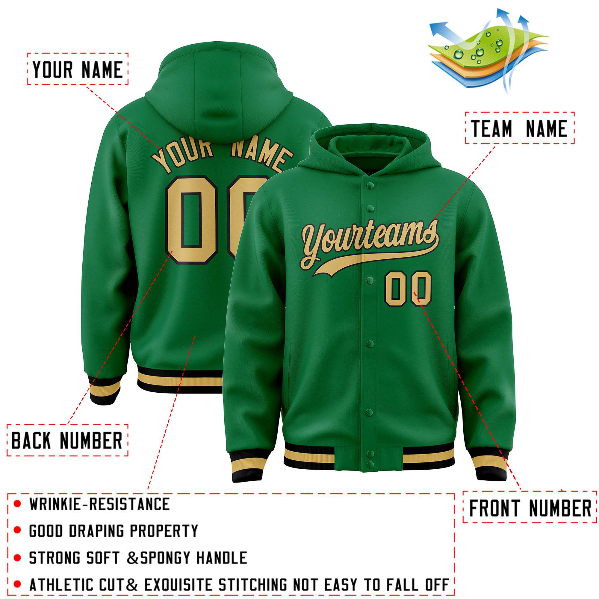 Custom Kelly Green Old Gold-Black Varsity Full-Snap Letterman Classic Hoodie Jacket