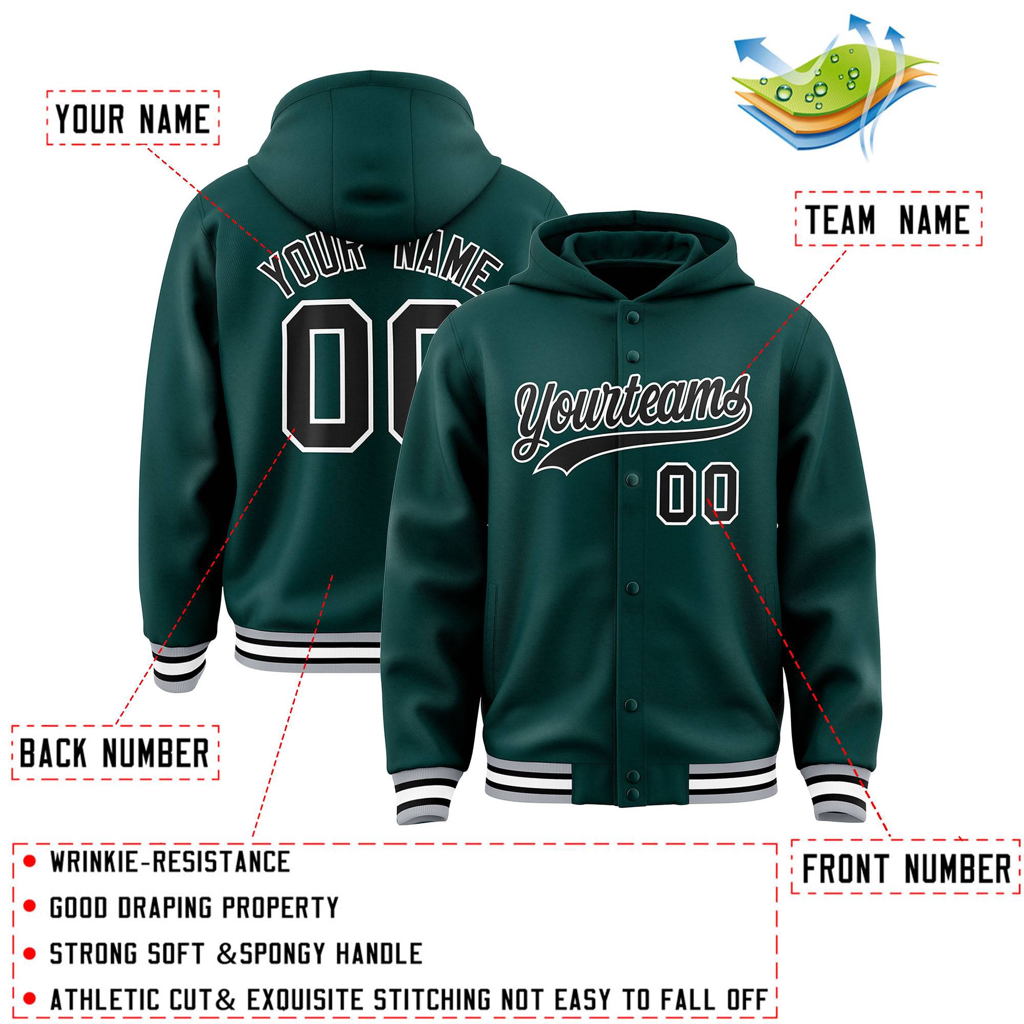 Custom Midnight Green Black-White Varsity Full-Snap Letterman Classic Hoodie Jacket