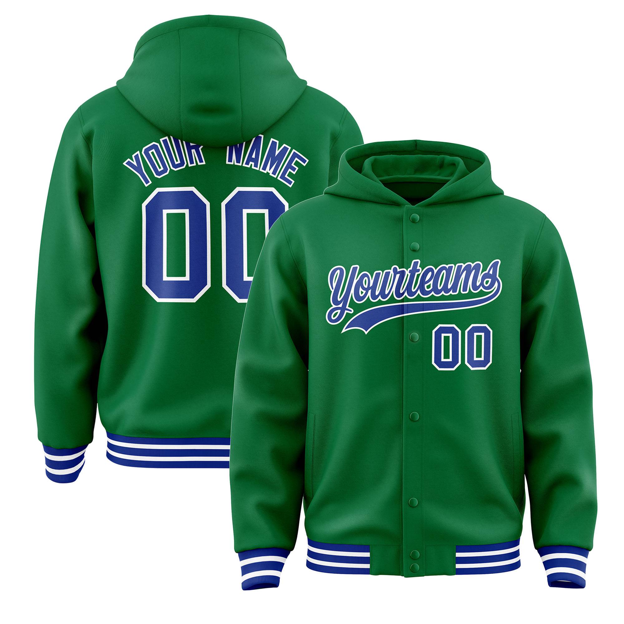 Custom Kelly Green Royal-White Varsity Full-Snap Letterman Classic Hoodie Jacket