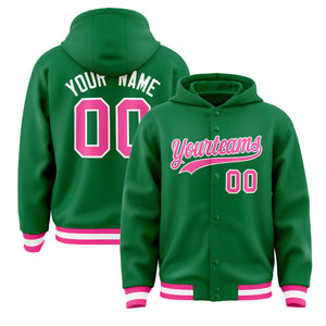 Custom Kelly Green Pink-White Varsity Full-Snap Letterman Classic Hoodie Jacket