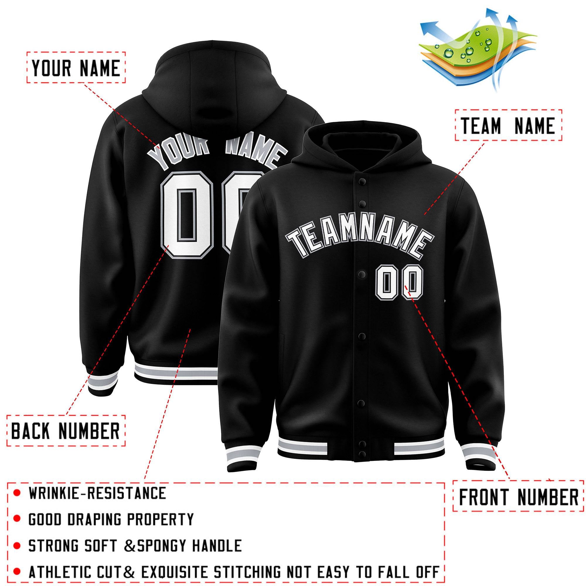 Custom Black White-Black Varsity Full-Snap Letterman Classic Hoodie Jacket