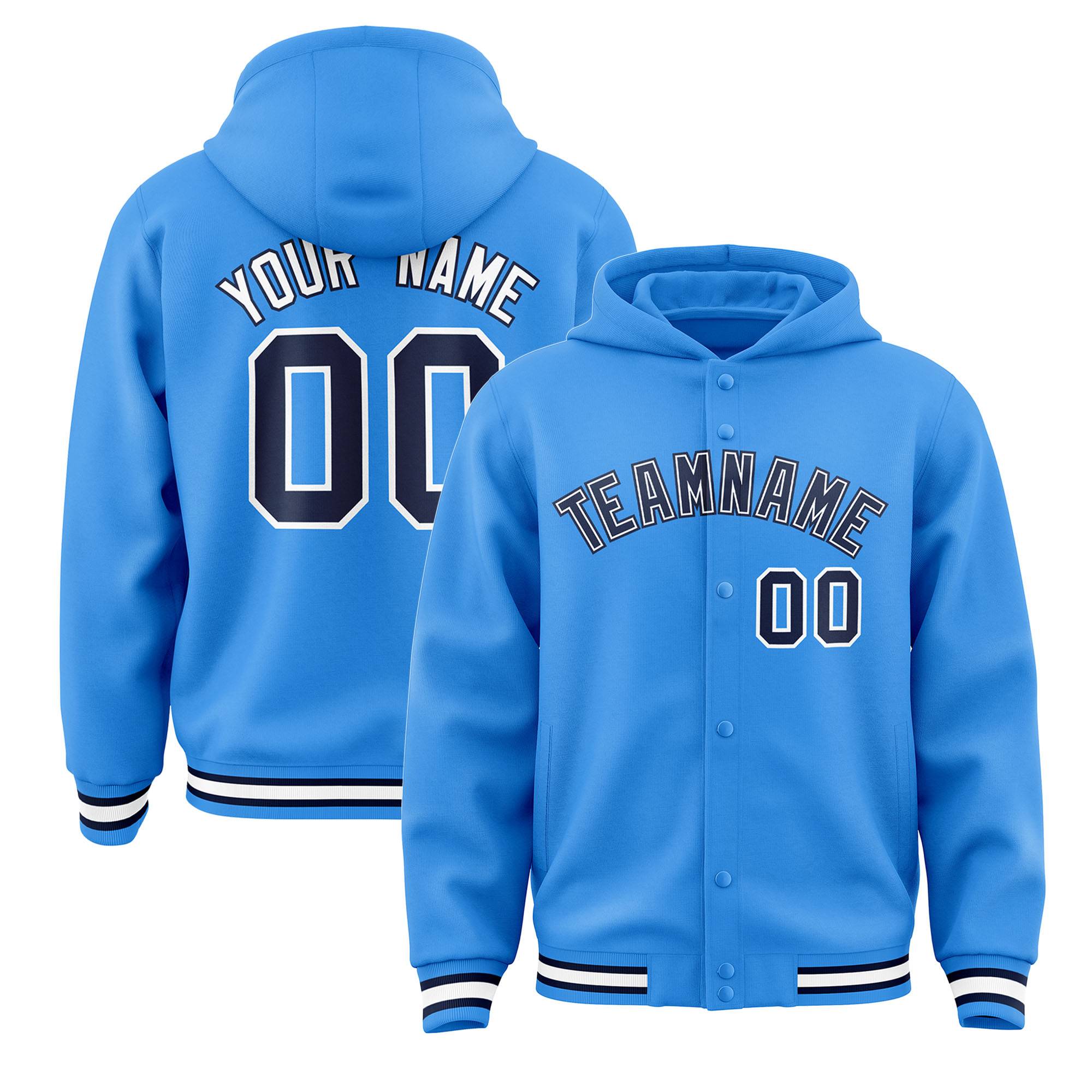 Custom Powder Blue Navy-White Varsity Full-Snap Letterman Classic Hoodie Jacket