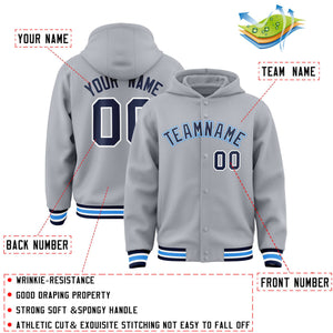 Custom Gray Navy-White Varsity Full-Snap Letterman Classic Hoodie Jacket