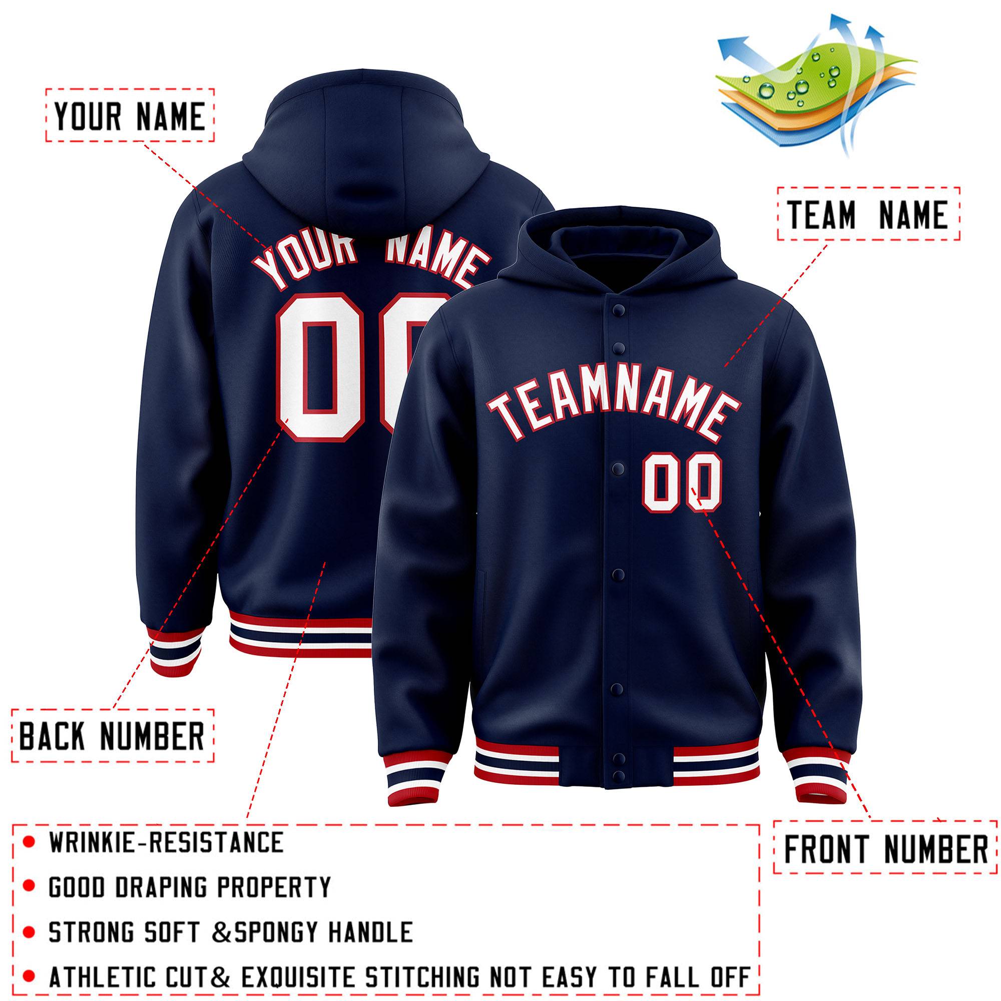 Custom Navy White-Red Varsity Full-Snap Letterman Classic Hoodie Jacket