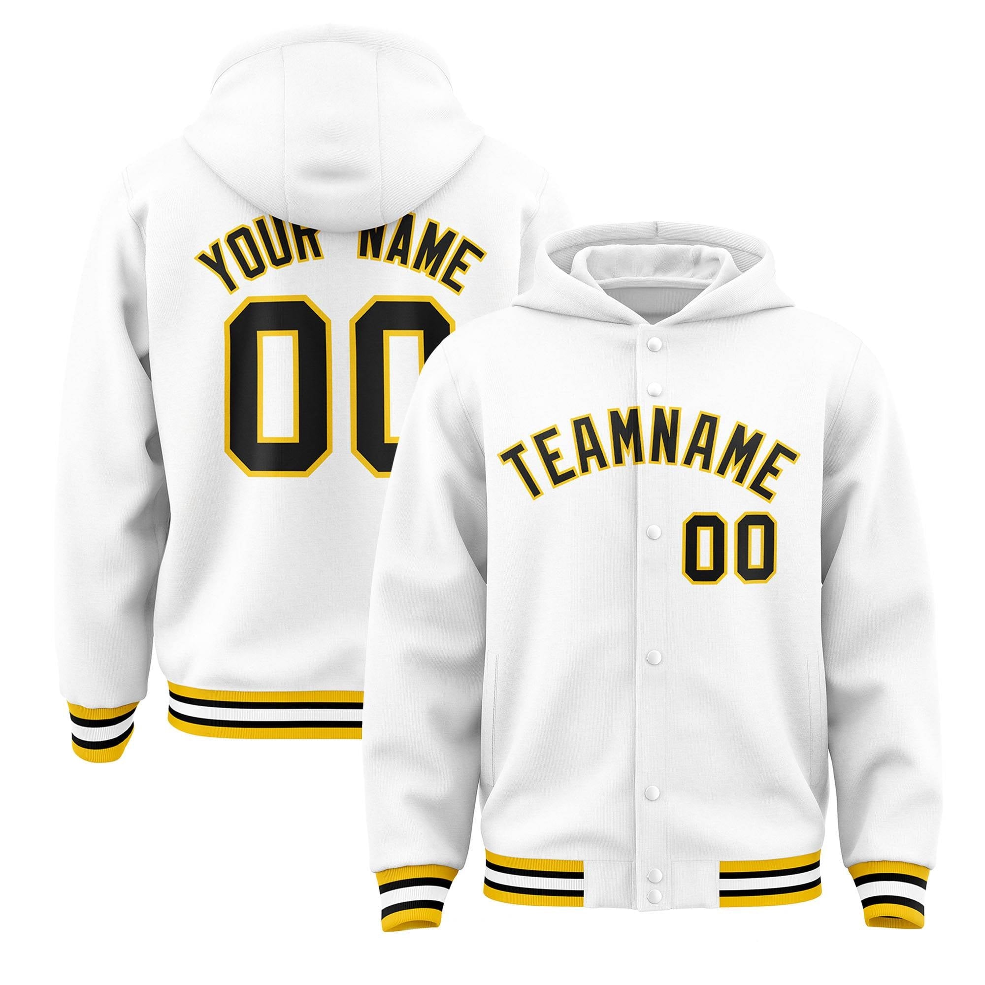 Custom White Black-Gold Varsity Full-Snap Letterman Classic Hoodie Jacket