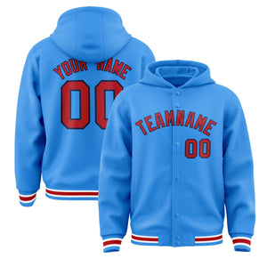 Custom Powder Blue Red-Navy Varsity Full-Snap Letterman Classic Hoodie Jacket