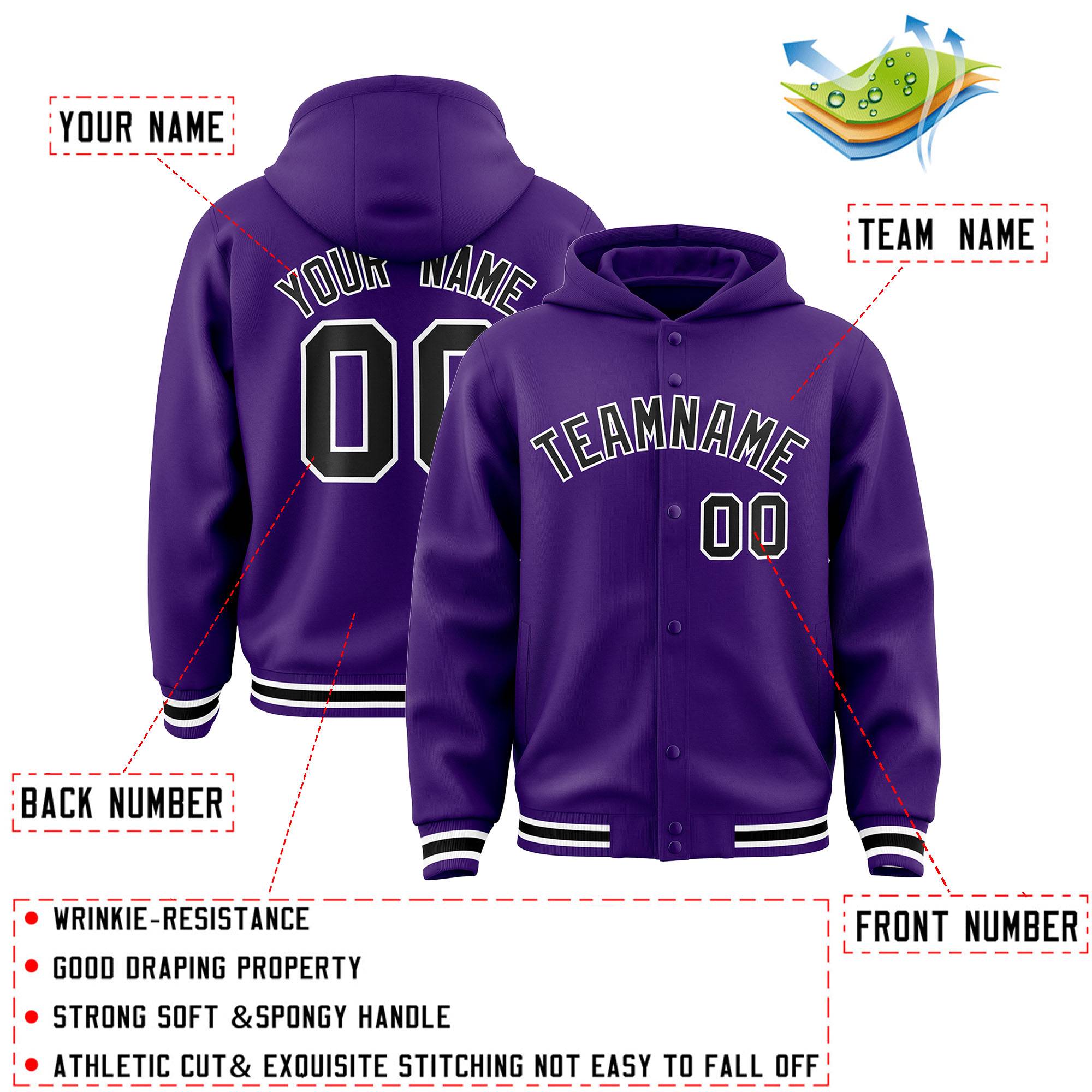 Custom Purple Black-White Varsity Full-Snap Letterman Classic Hoodie Jacket