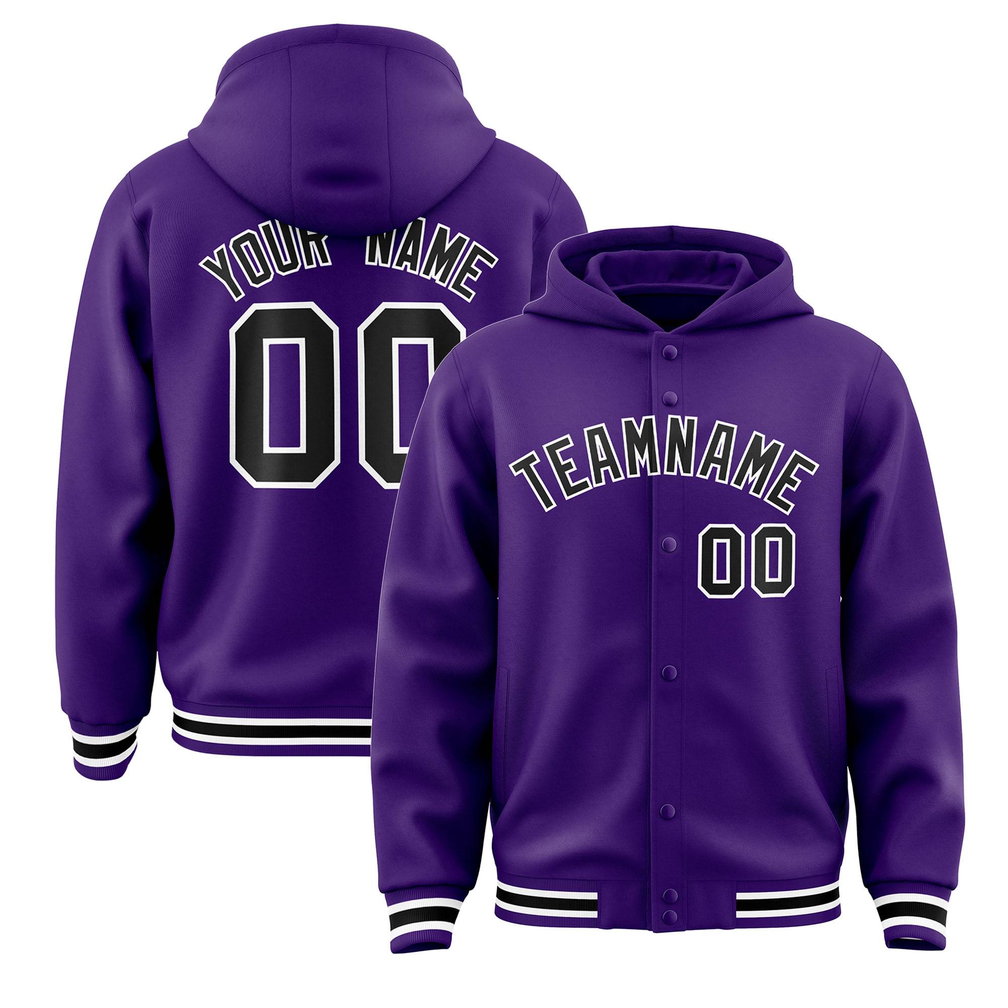 Custom Purple Black-White Varsity Full-Snap Letterman Classic Hoodie Jacket