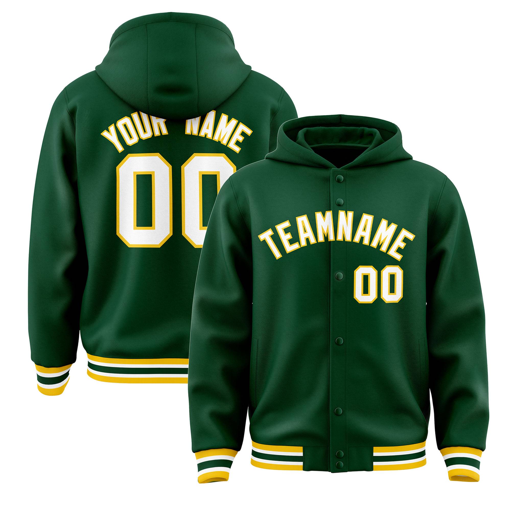 Custom Green White-Gold Varsity Full-Snap Letterman Classic Hoodie Jacket