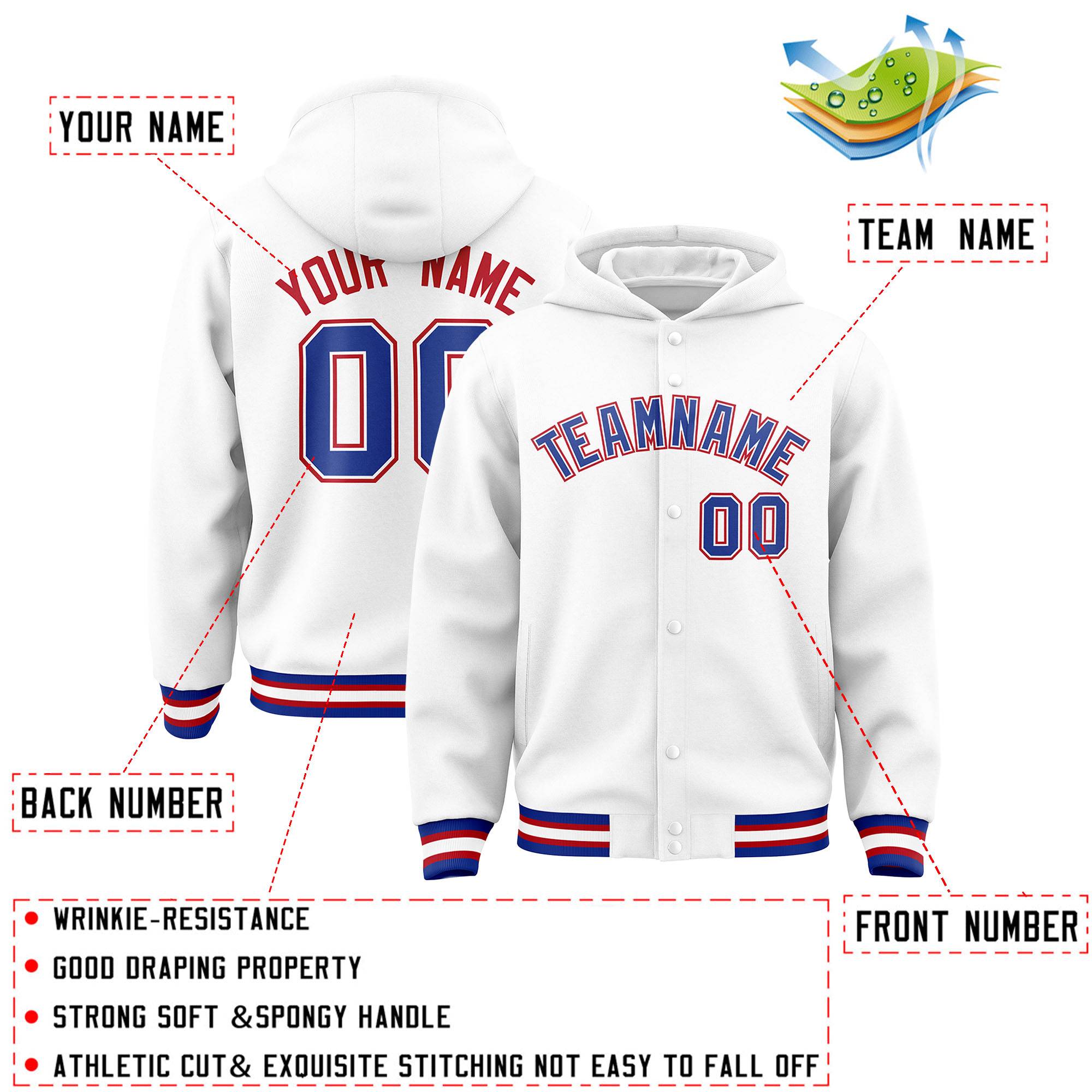 Custom White Royal-White Varsity Full-Snap Letterman Classic Hoodie Jacket