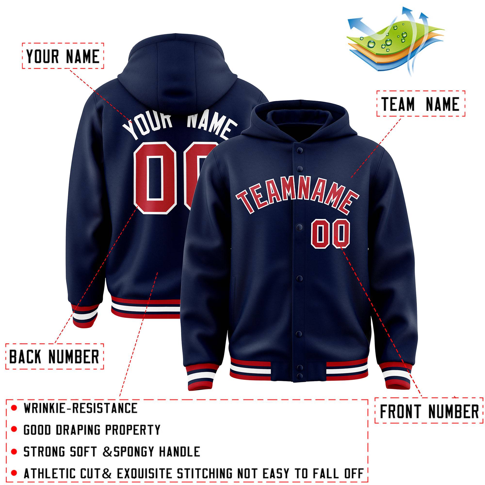 Custom Navy Red-White Varsity Full-Snap Letterman Classic Hoodie Jacket