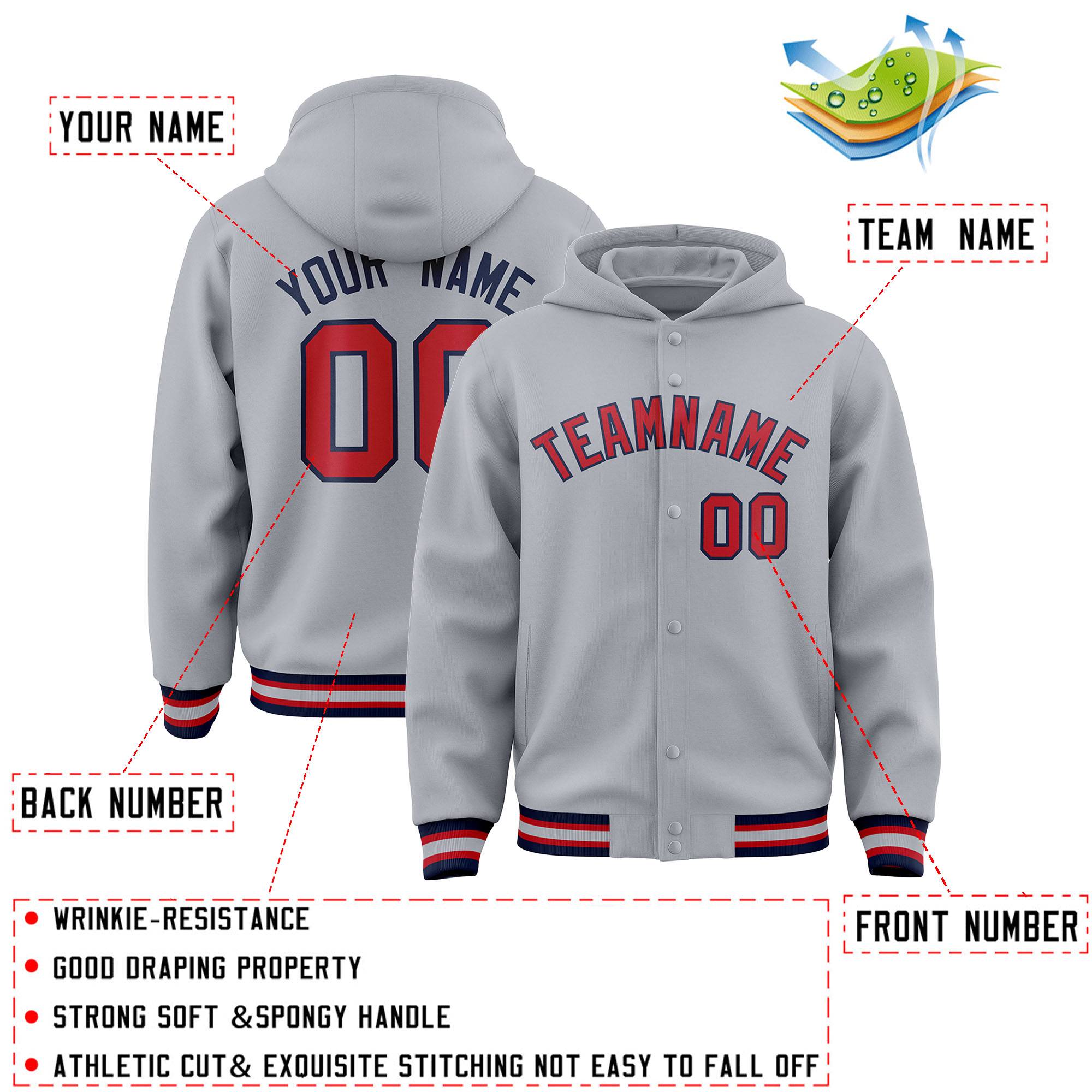 Custom Gray Red-Navy Varsity Full-Snap Letterman Classic Hoodie Jacket