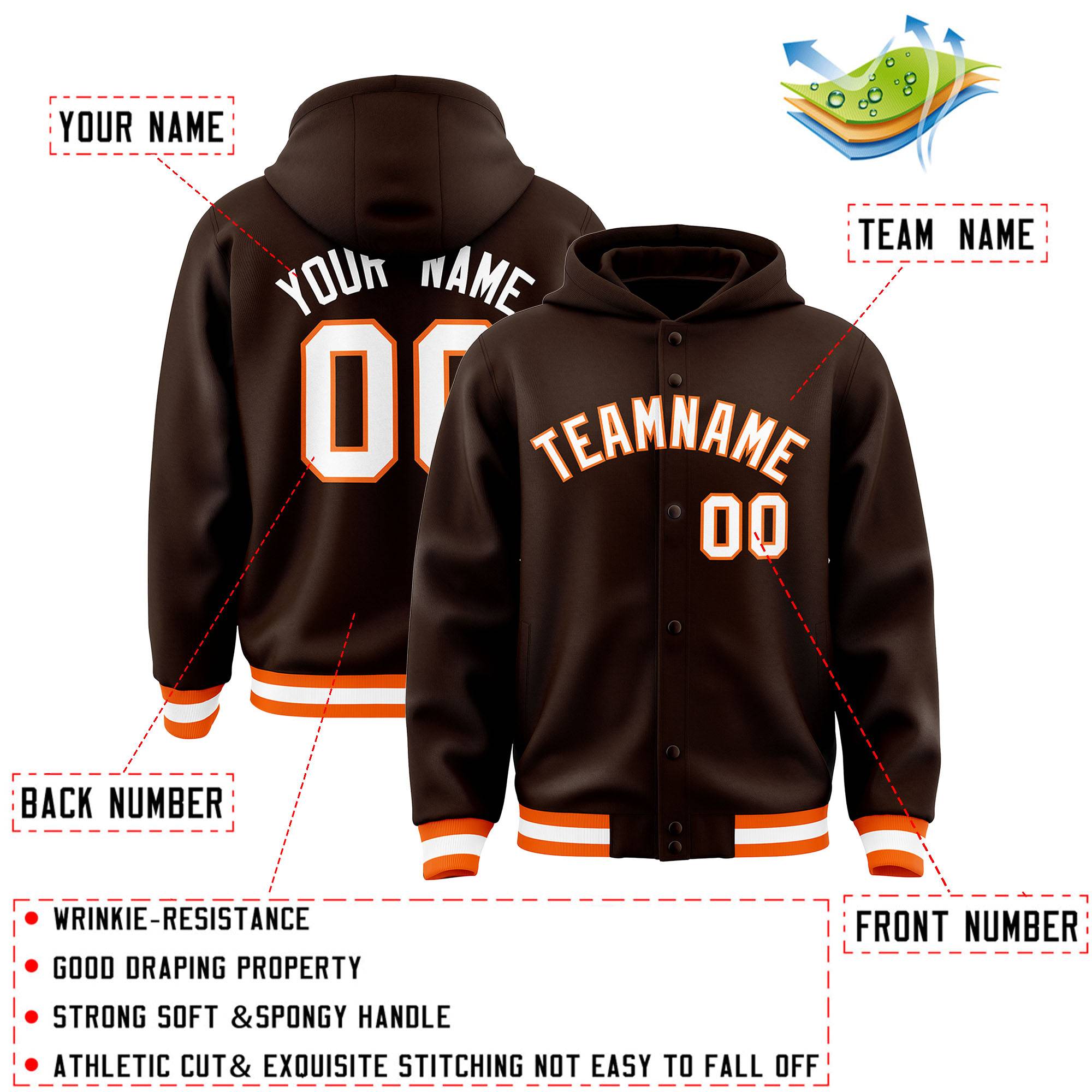 Custom Brown White-Orange Varsity Full-Snap Letterman Classic Hoodie Jacket