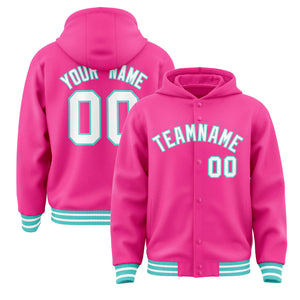 Custom Pink White-Bright Green Varsity Full-Snap Letterman Classic Hoodie Jacket