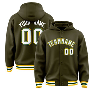 Custom Olive White-Green Varsity Full-Snap Letterman Classic Hoodie Jacket