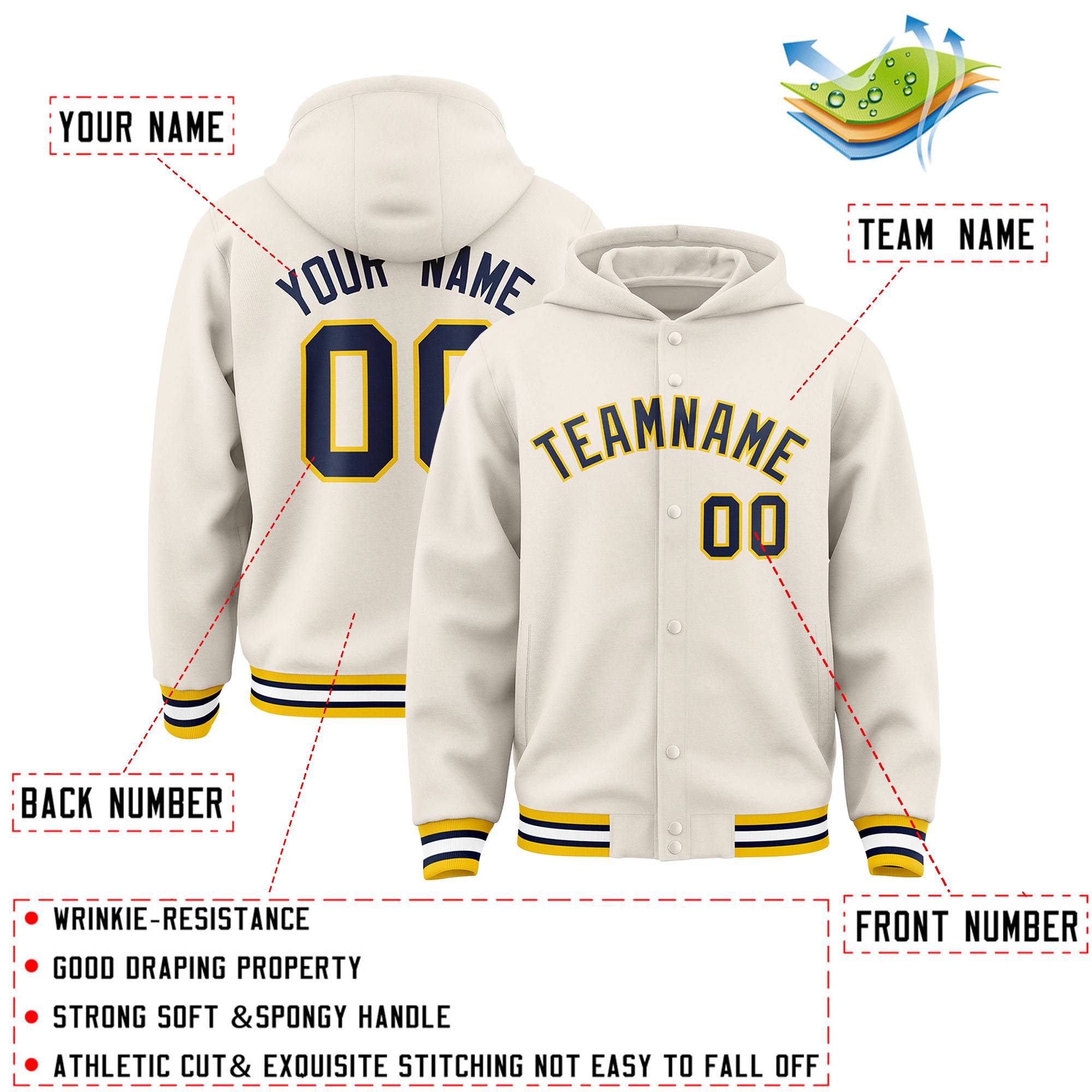 Custom Cream Navy-Gold Varsity Full-Snap Letterman Classic Hoodie Jacket