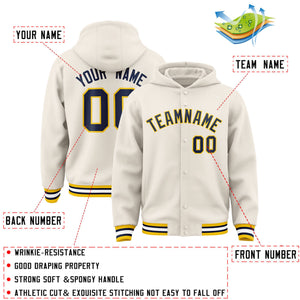 Custom Cream Navy-Gold Varsity Full-Snap Letterman Classic Hoodie Jacket