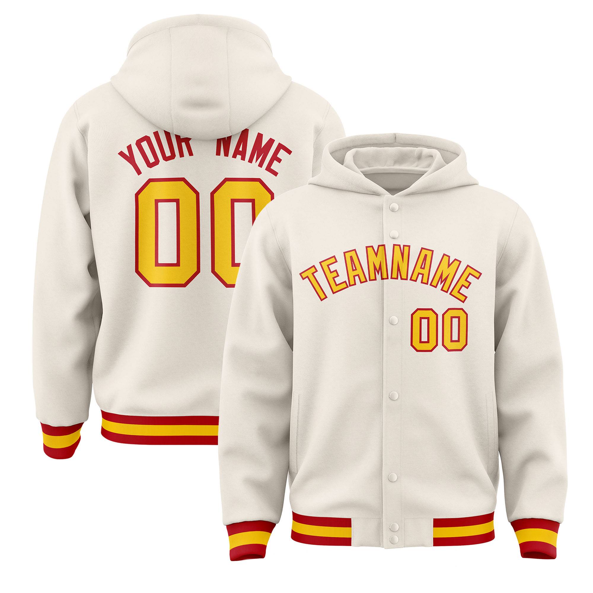 Custom Cream Gold-Red Varsity Full-Snap Letterman Classic Hoodie Jacket