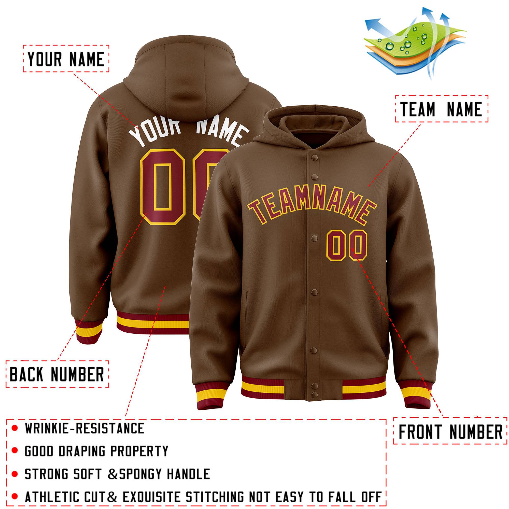 Custom Light Brown Crimson-Gold Varsity Full-Snap Letterman Classic Hoodie Jacket