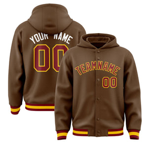 Custom Light Brown Crimson-Gold Varsity Full-Snap Letterman Classic Hoodie Jacket