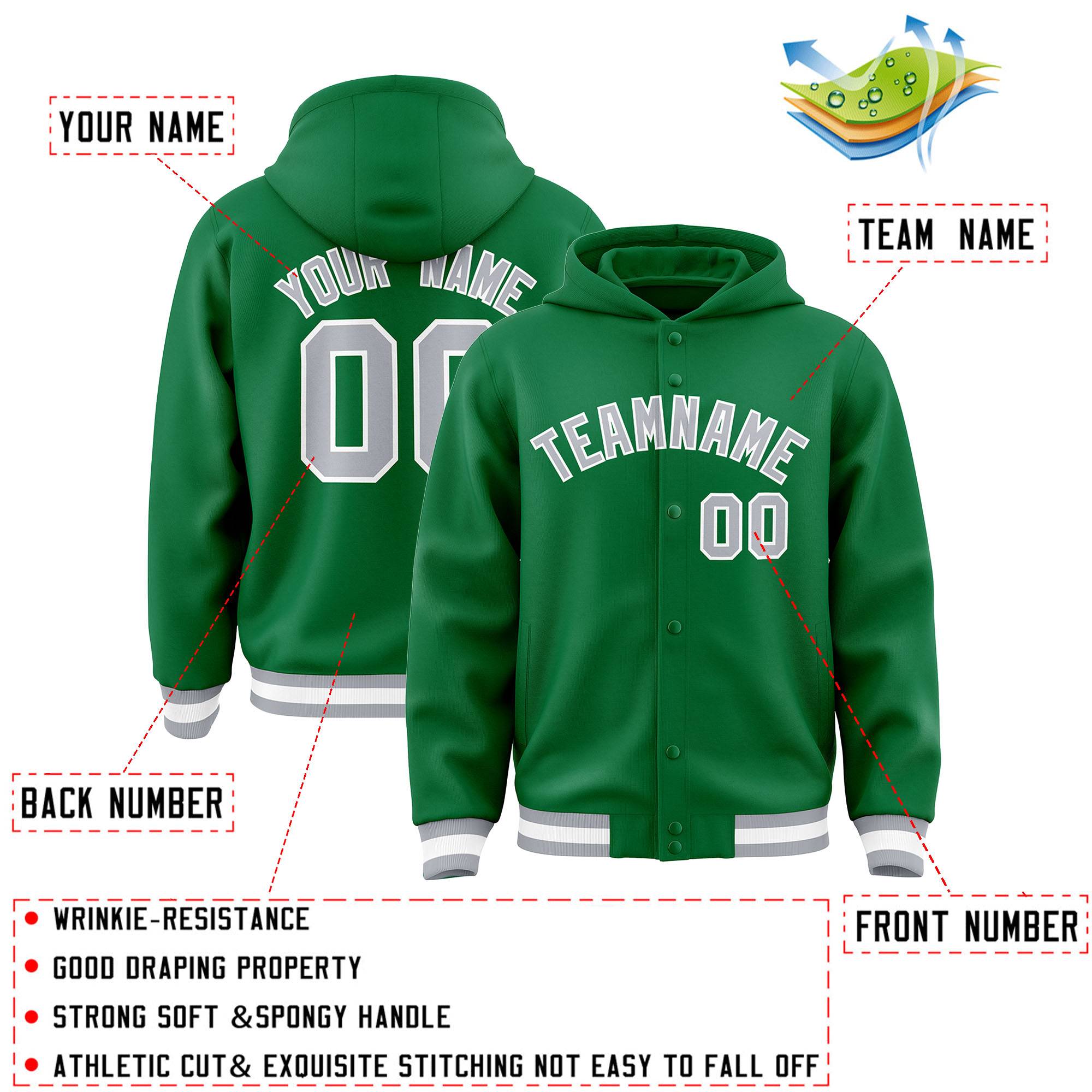 Custom Kelly Green Gray-White Varsity Full-Snap Letterman Classic Hoodie Jacket