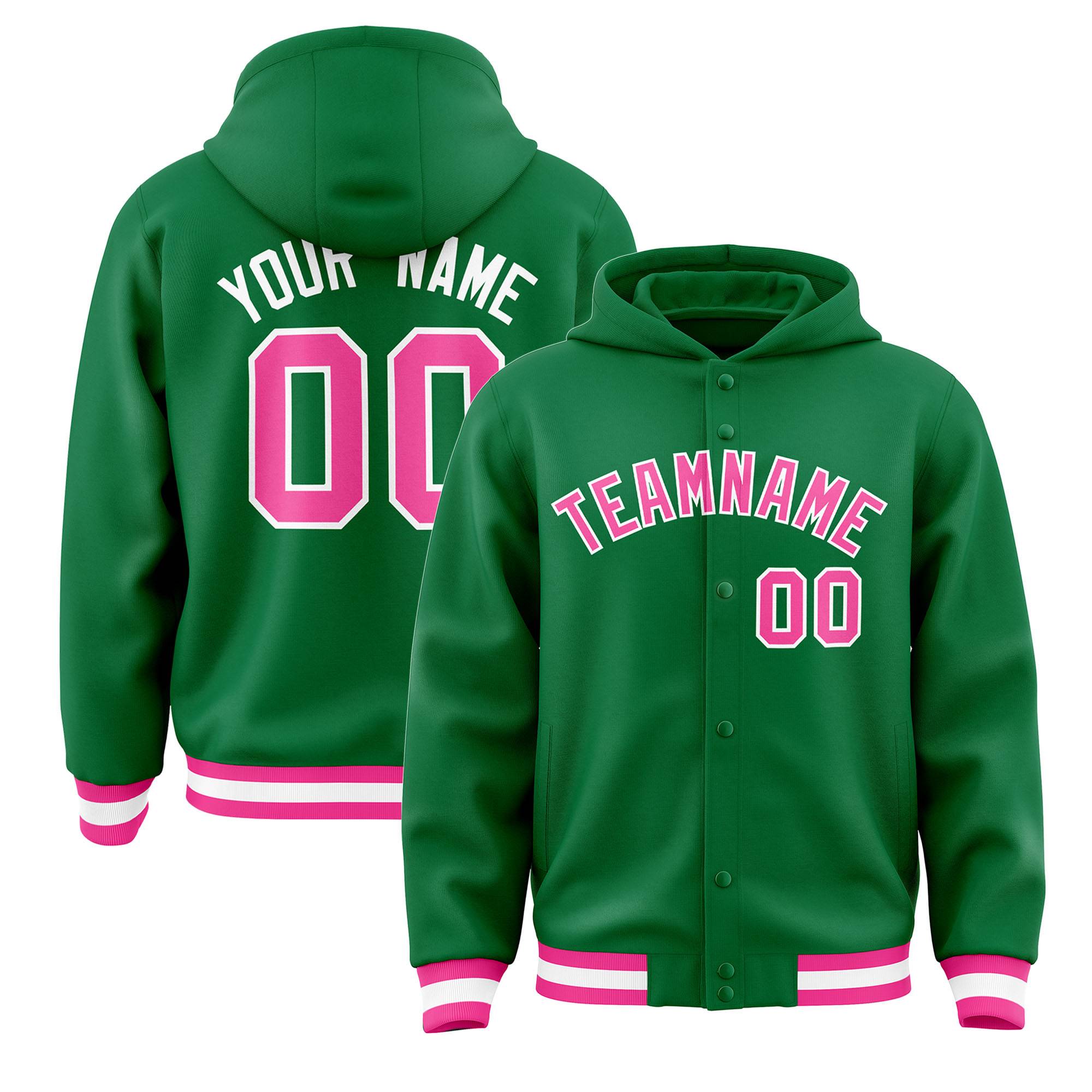 Custom Kelly Green Pink-White Varsity Full-Snap Letterman Classic Hoodie Jacket