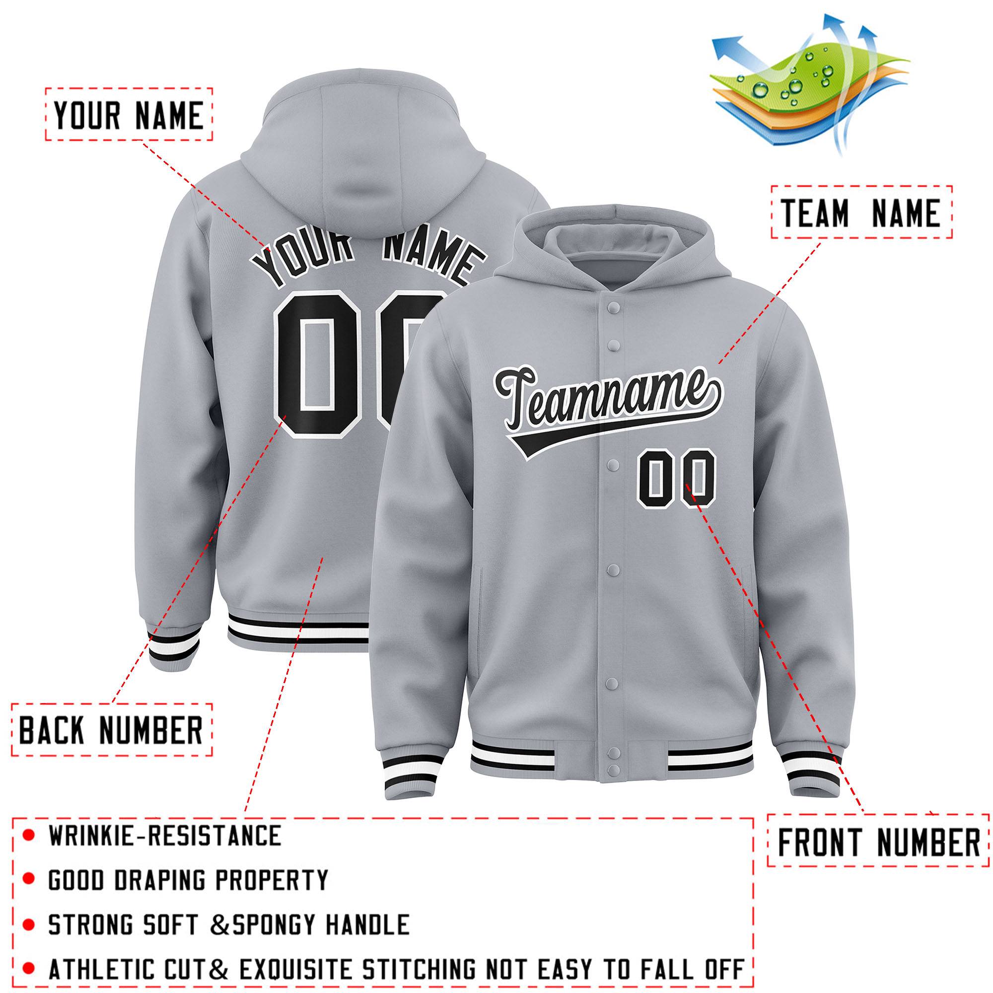 Custom Gray Black-White Varsity Full-Snap Letterman Classic Hoodie Jacket