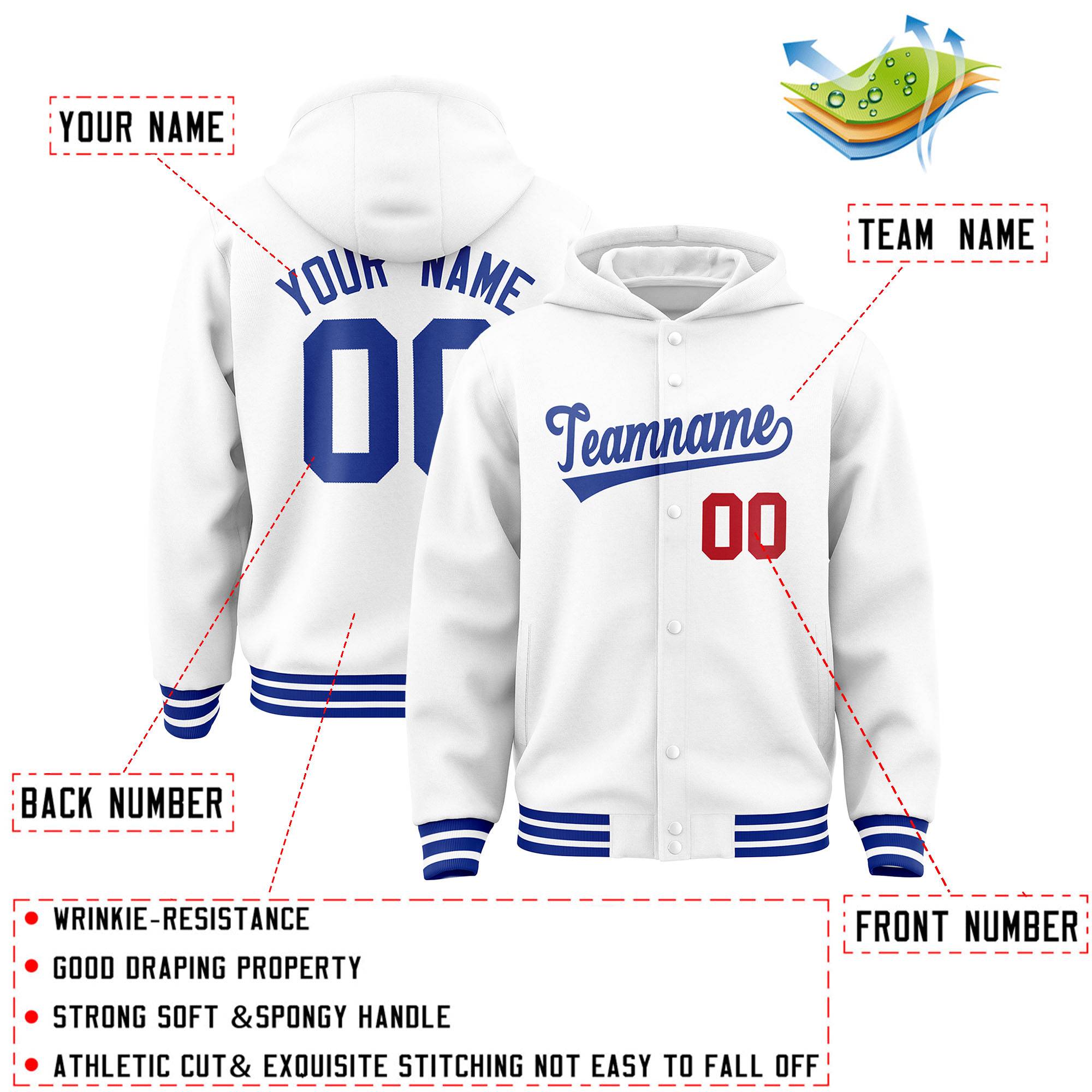 Custom White Royal Varsity Full-Snap Letterman Classic Hoodie Jacket