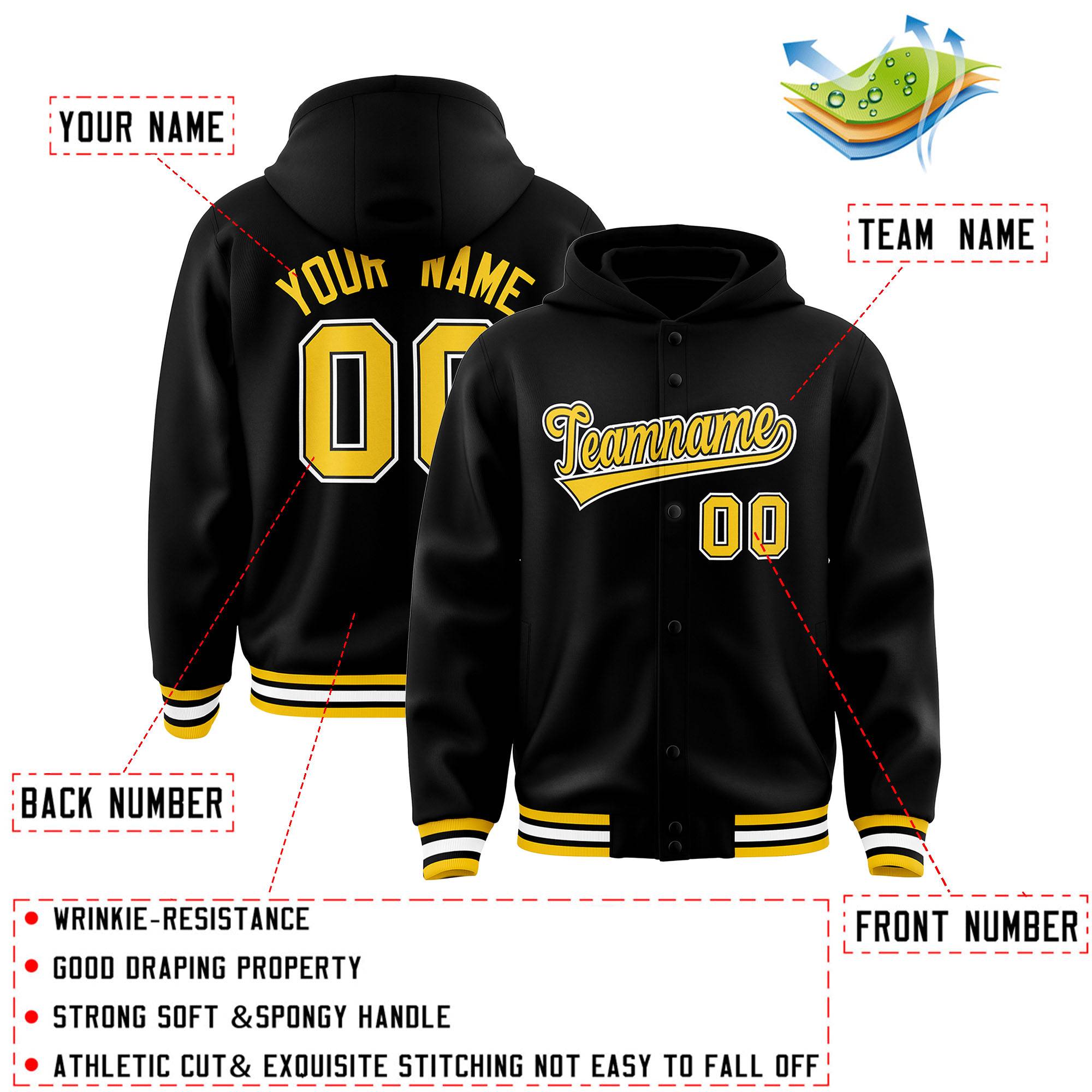 Custom Black Gold-Black Varsity Full-Snap Letterman Classic Hoodie Jacket