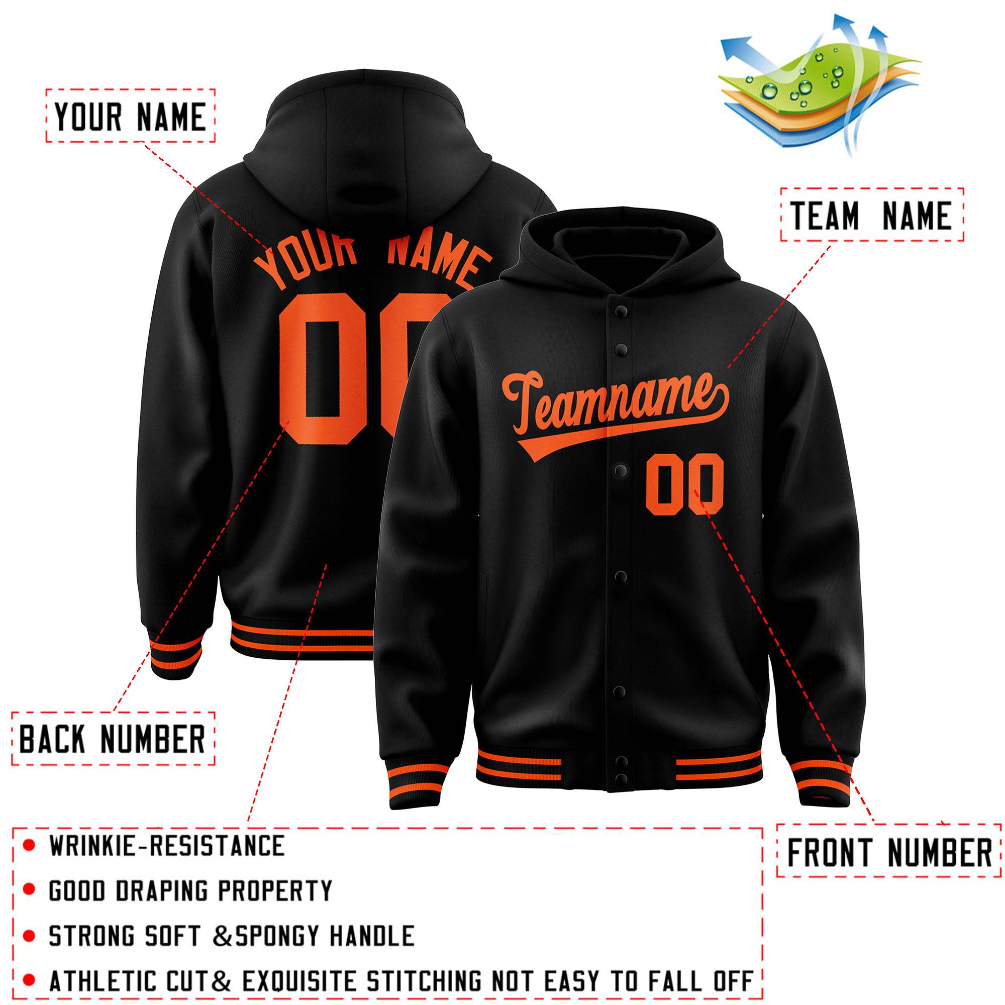 Custom Black Orange Varsity Full-Snap Letterman Classic Hoodie Jacket