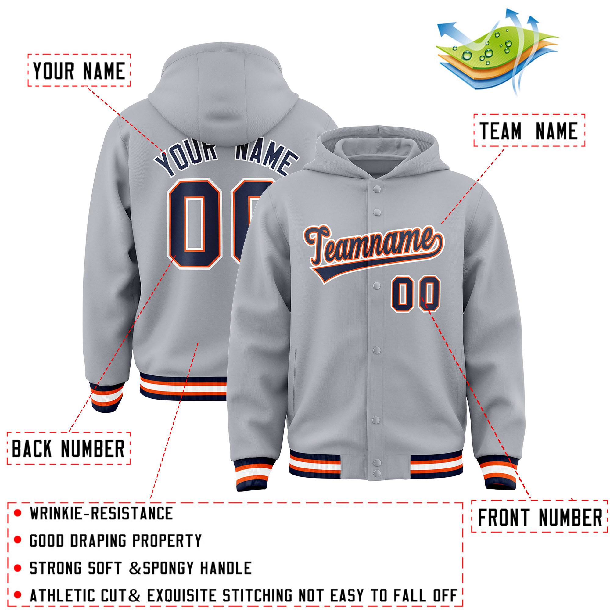 Custom Gray Navy-Orange Varsity Full-Snap Letterman Classic Hoodie Jacket