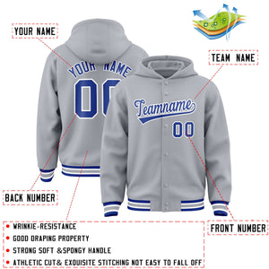 Custom Gray Royal-White Varsity Full-Snap Letterman Classic Hoodie Jacket