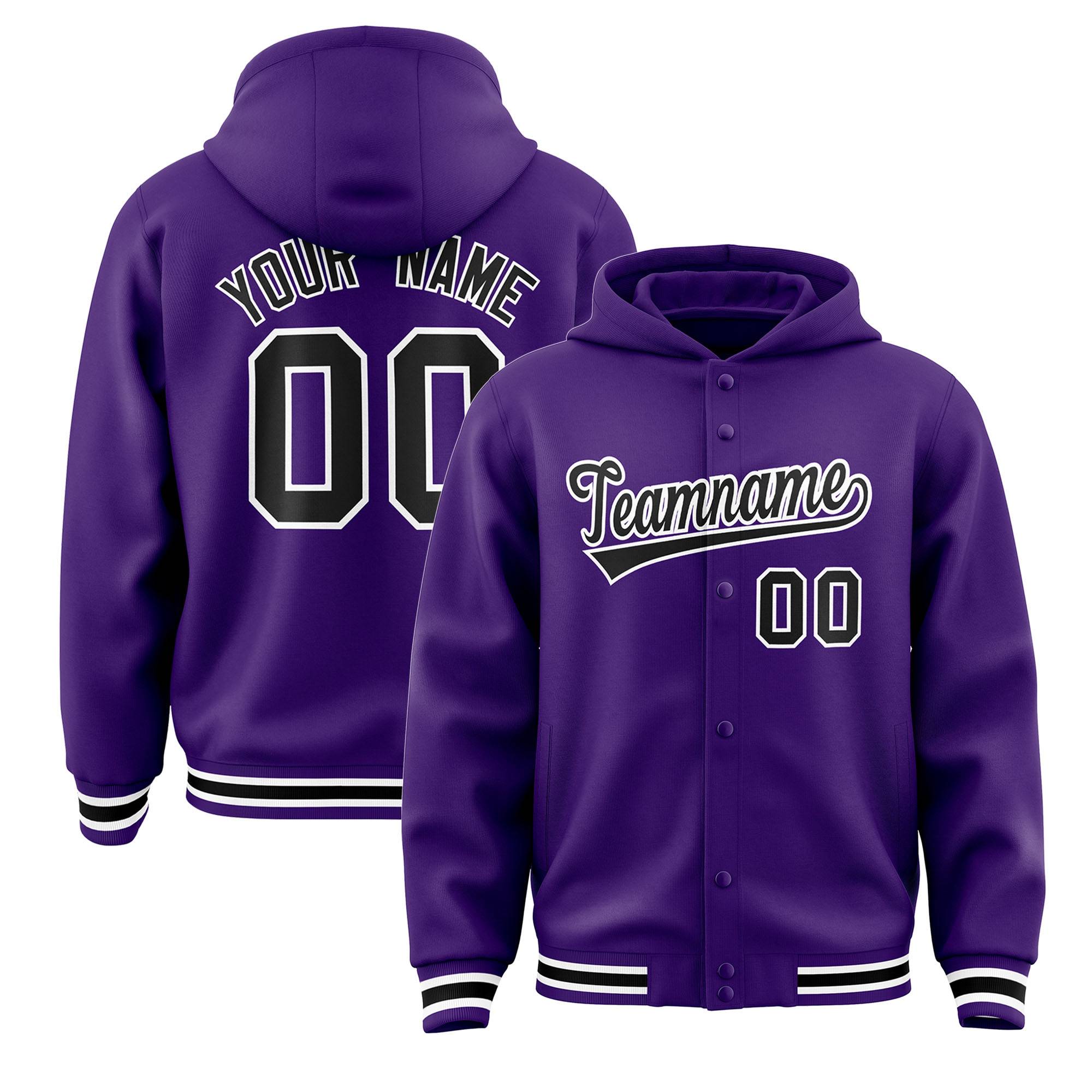 Custom Purple Black-White Varsity Full-Snap Letterman Classic Hoodie Jacket