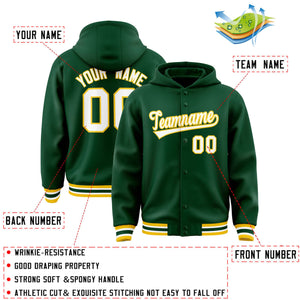 Custom Green White-Gold Varsity Full-Snap Letterman Classic Hoodie Jacket