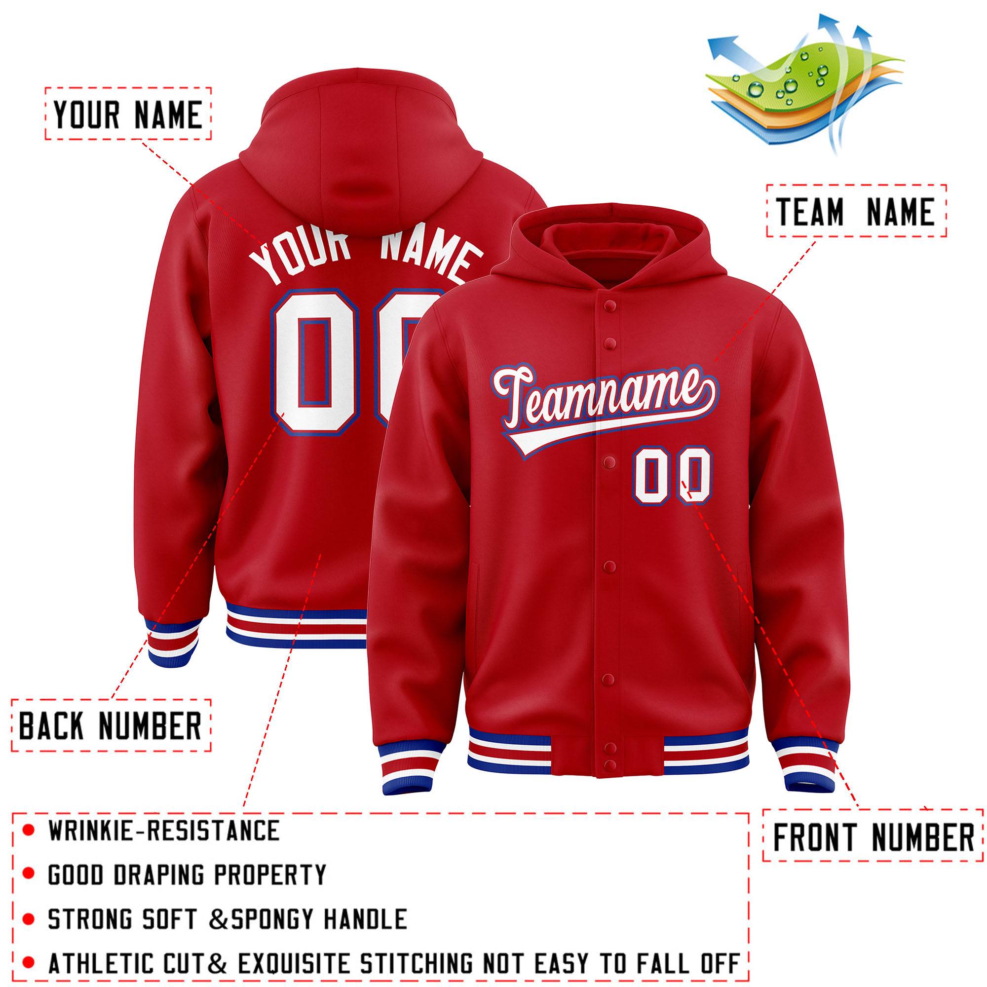 Custom Red White-Red Varsity Full-Snap Letterman Classic Hoodie Jacket