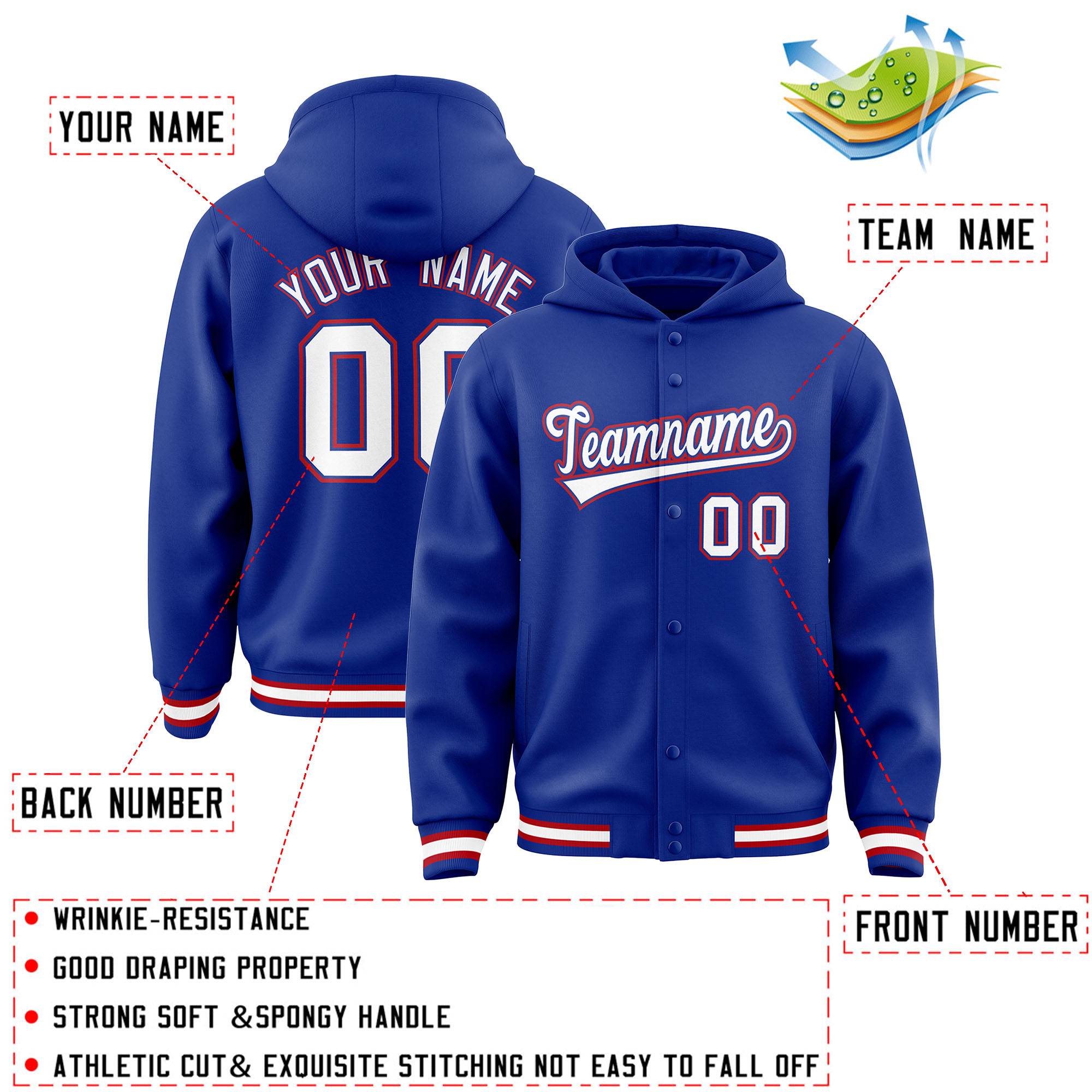 Custom Royal White-Royal Varsity Full-Snap Letterman Classic Hoodie Jacket