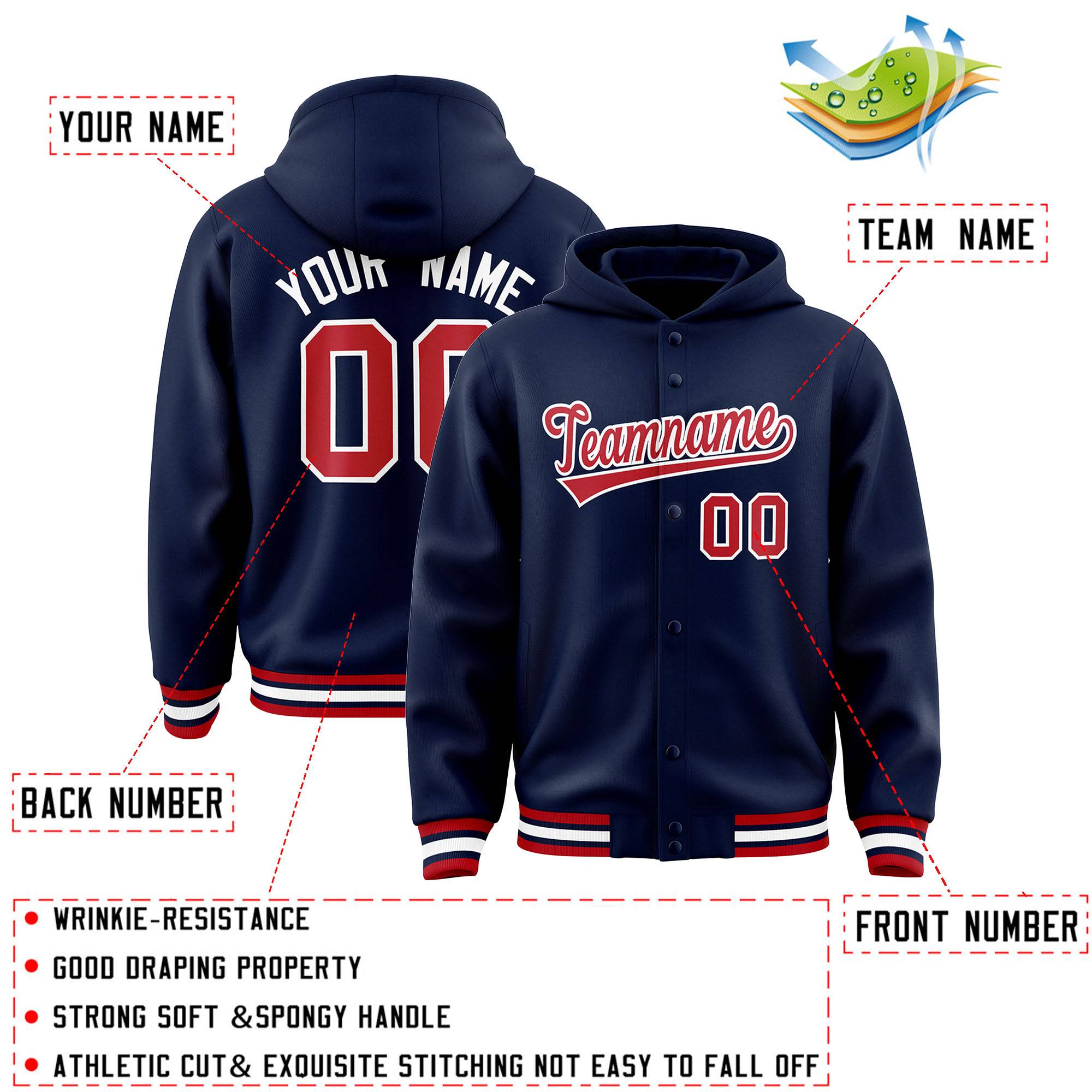 Custom Navy Red-White Varsity Full-Snap Letterman Classic Hoodie Jacket