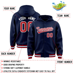 Custom Navy Red-White Varsity Full-Snap Letterman Classic Hoodie Jacket