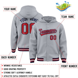 Custom Gray Red-Navy Varsity Full-Snap Letterman Classic Hoodie Jacket