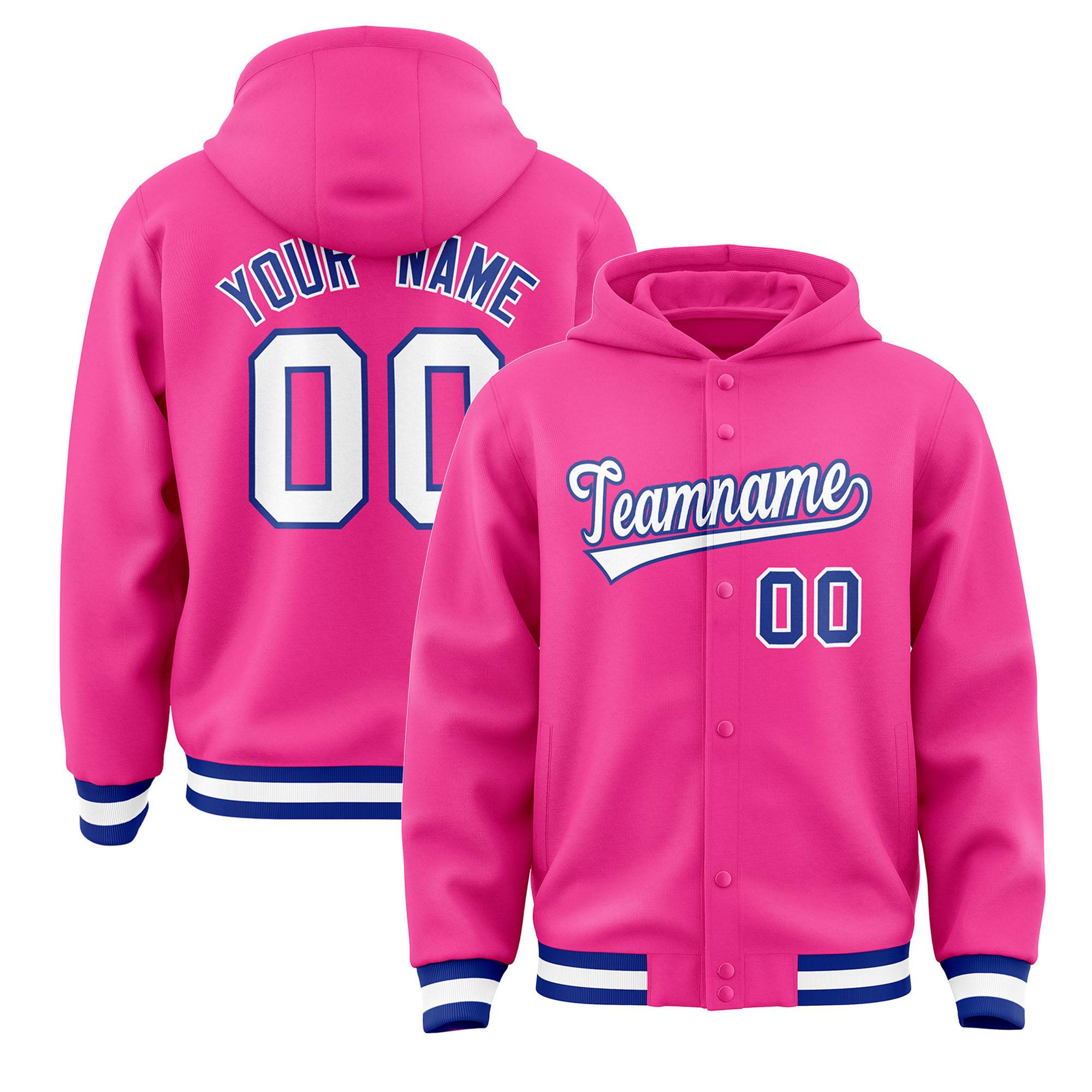 Custom Pink White-Royal Varsity Full-Snap Letterman Classic Hoodie Jacket