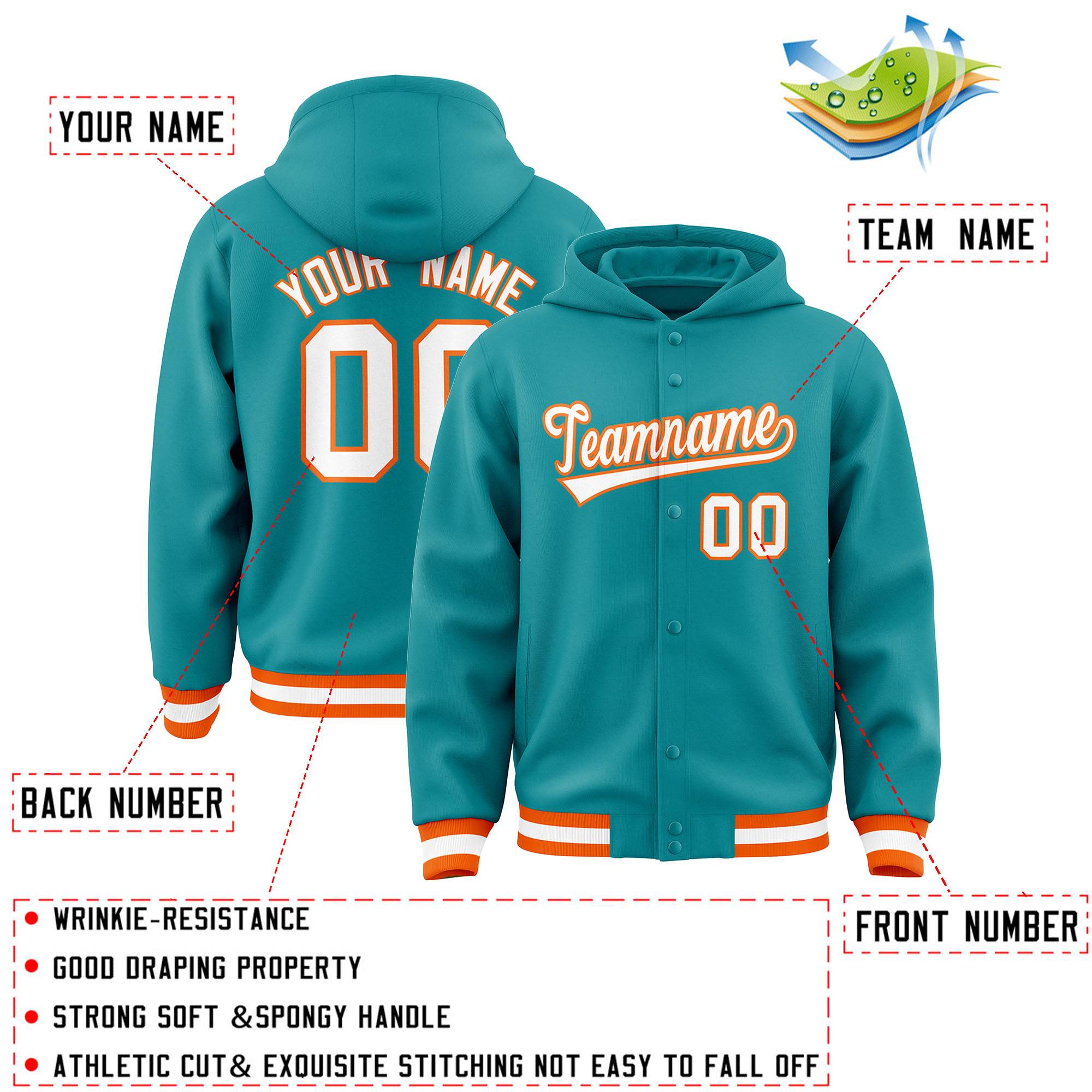 Custom Aqua White-Orange Varsity Full-Snap Letterman Classic Hoodie Jacket