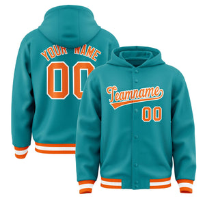 Custom Aqua Orange-White Varsity Full-Snap Letterman Classic Hoodie Jacket