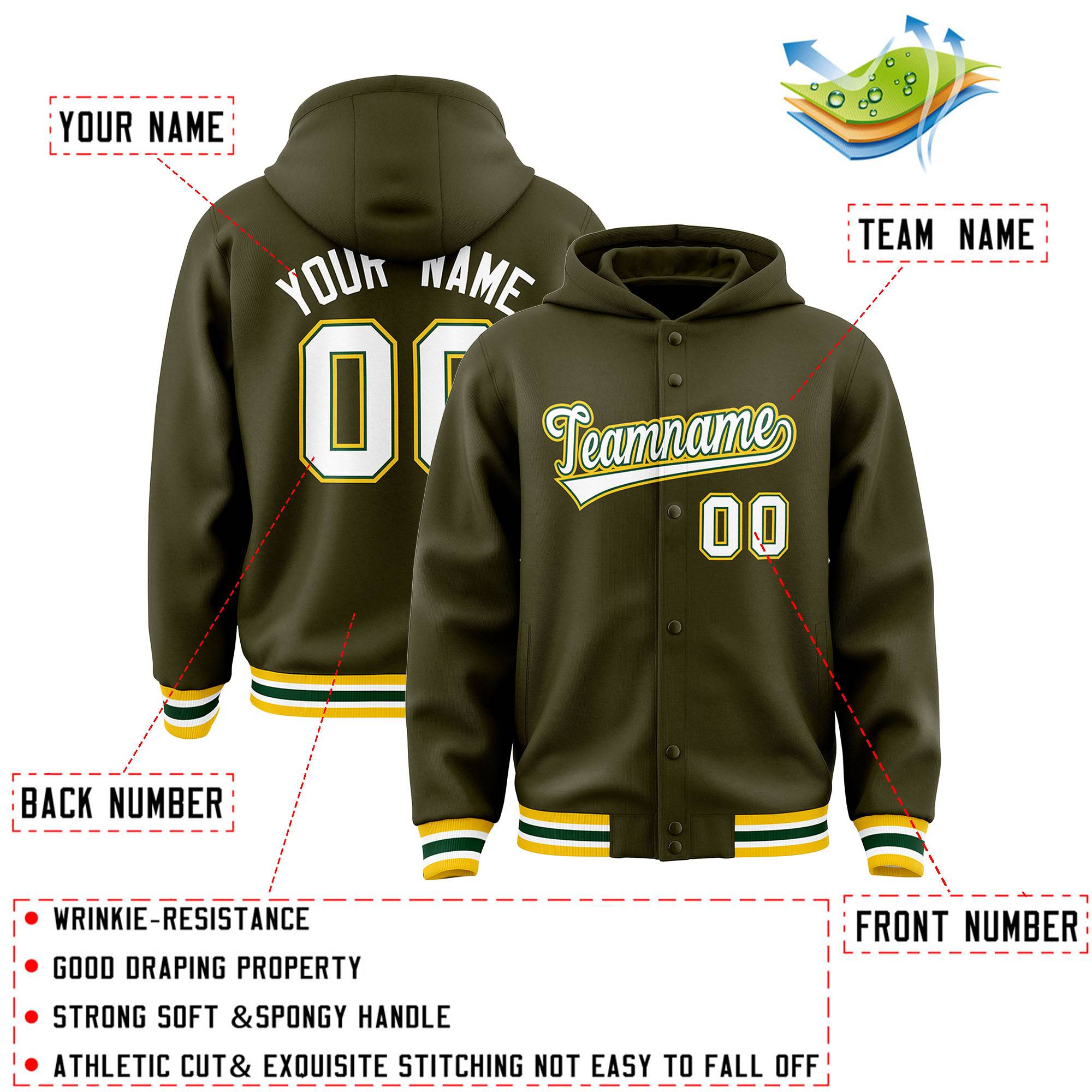 Custom Olive White-Green Varsity Full-Snap Letterman Classic Hoodie Jacket