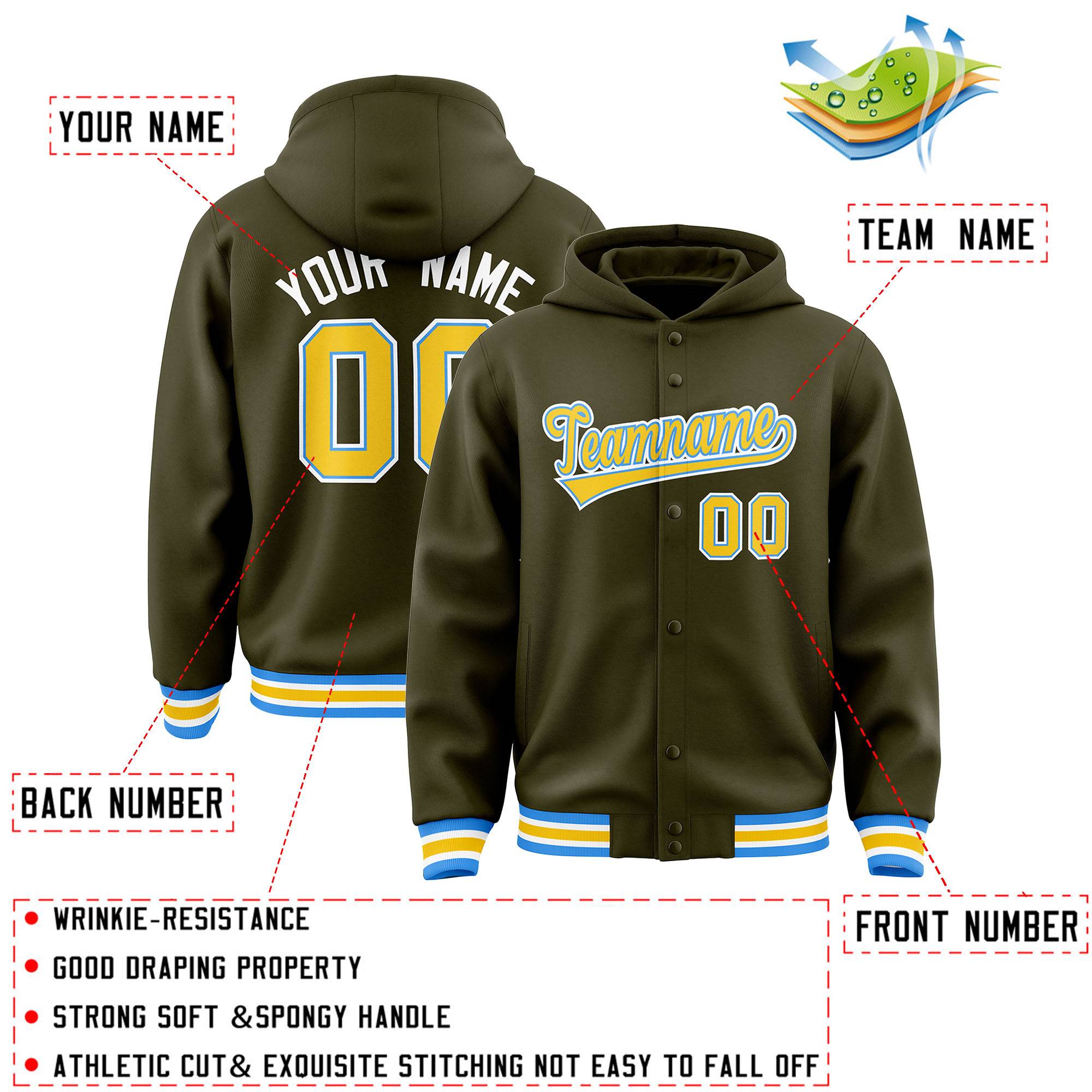 Custom Olive Gold-Powder Blue Varsity Full-Snap Letterman Classic Hoodie Jacket