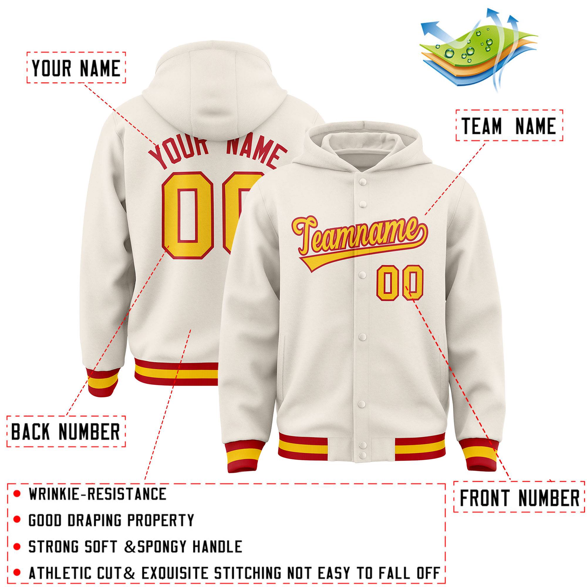 Custom Cream Gold-Red Varsity Full-Snap Letterman Classic Hoodie Jacket